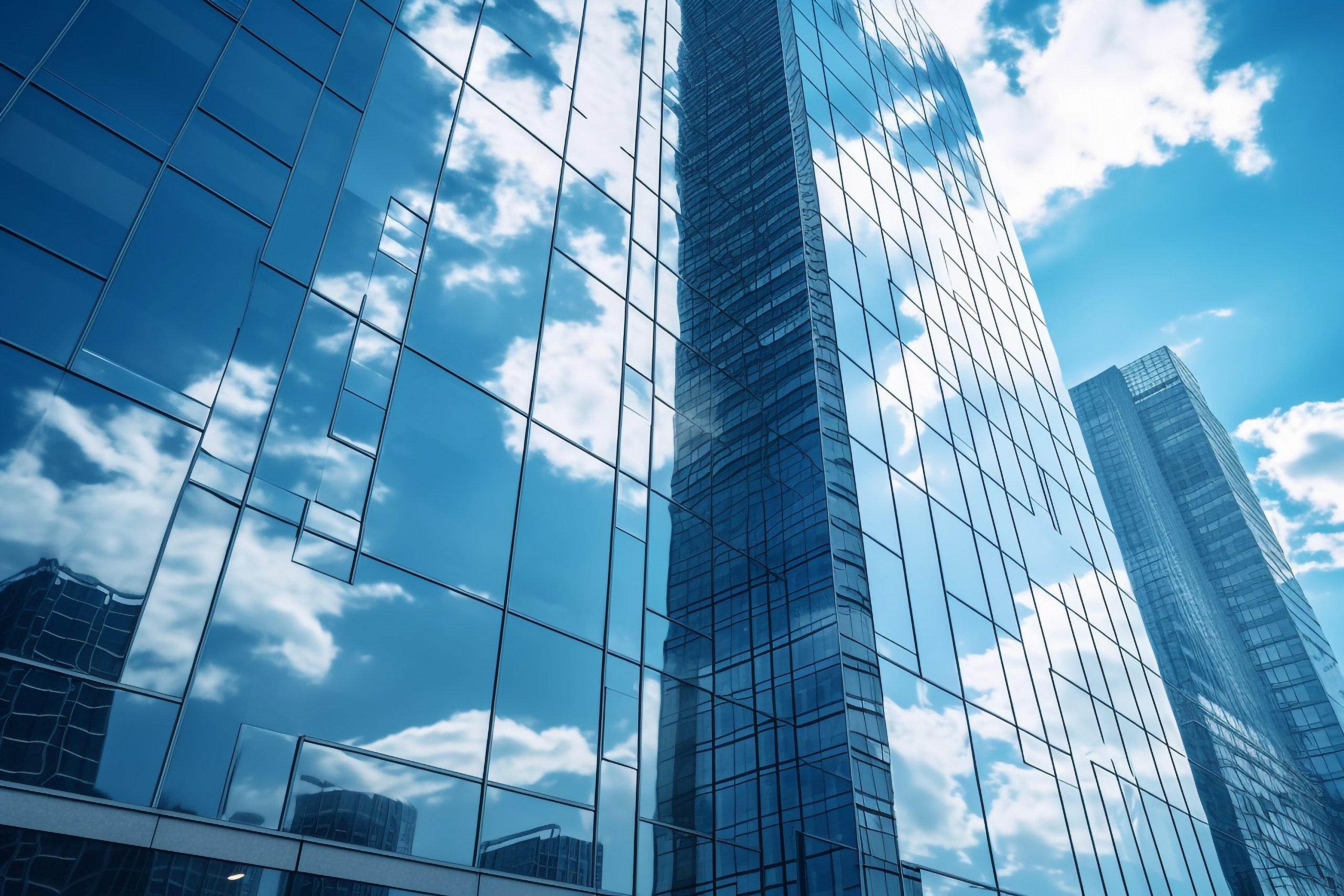 Reflective skyscrapers, business office buildings.